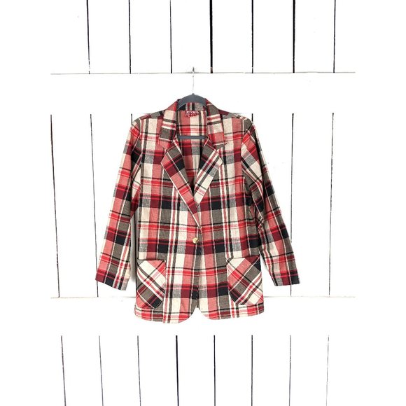 Vintage Jaclyn Smith red tartan plaid lightweight petite womens blazer jacket